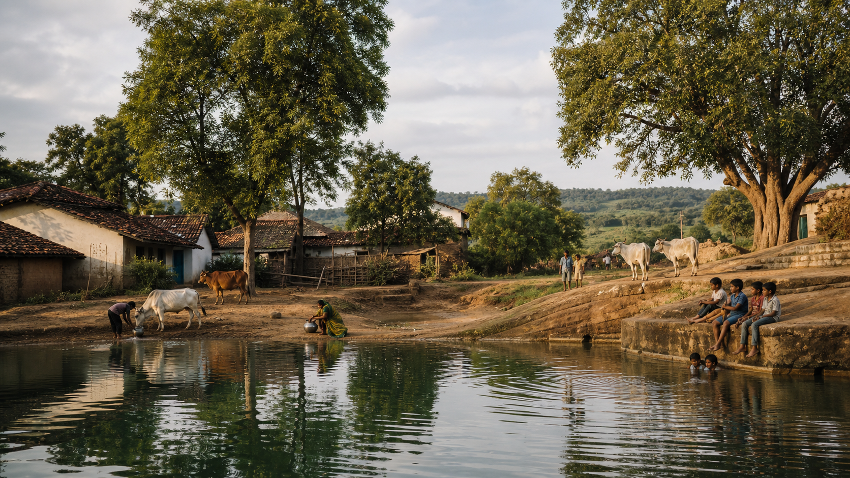 A rural Indian village beside a community water body
